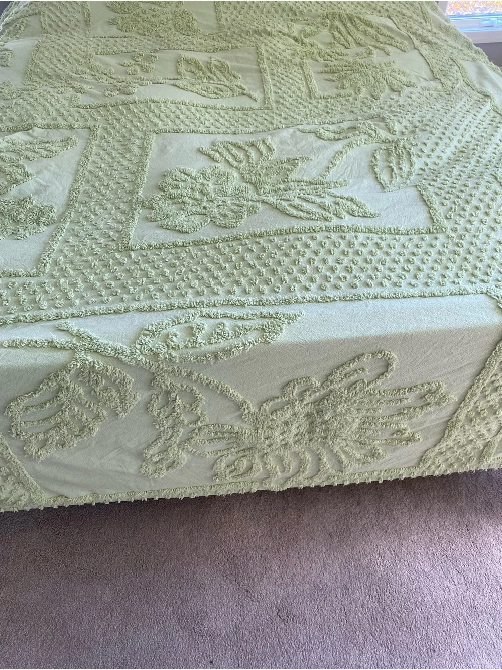 Vintage Chenille Textured Floral Cotton Bedspread in Light Green Boho